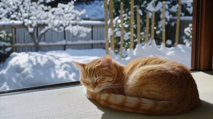 Cozy orange cat sleeping peacefully on a tatami mat by the window, with snow-covered garden view, capturing warmth and tranquility in winter light