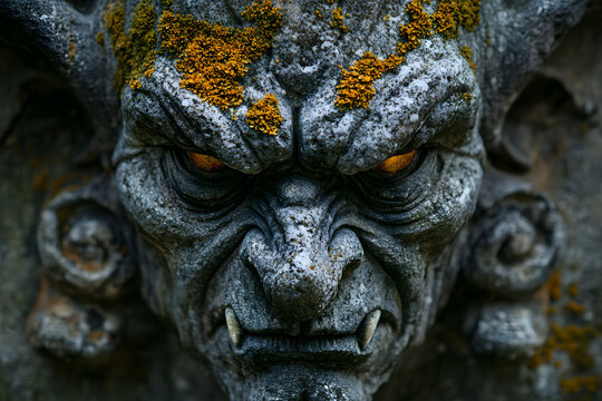 Close-up of a grimacing gargoyle face with moss and lichen growing on its features.