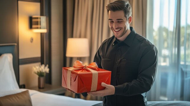 A hotel staff member arranging a surprise gift in a guest room, ensuring a memorable experience