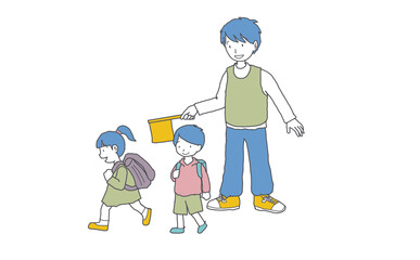 小学生の交通安全見守り活動をする若者のイラスト