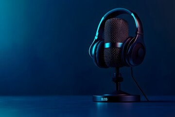 Professional Podcast Microphone with B2B Branding and Headphones on Stand, Dark Background