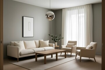 Fototapeta premium Modern living room with beige sofa, armchairs, coffee table, and large window.