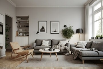 Modern living room interior design with gray sofa, wooden chair, and natural light.
