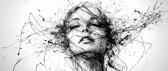 Fototapeta premium Abstract black and white illustration of a serene womanâ€™s face with flowing lines and splashes, representing emotions and creativity.