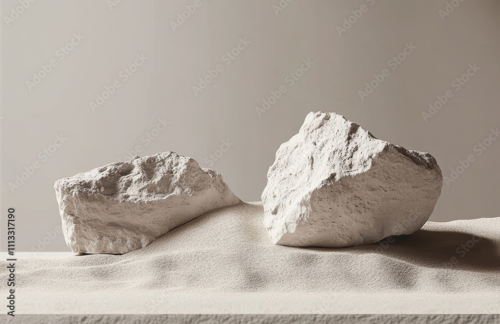 Poster minimalist stone display podium with beige sand and soft shadows for product presentation