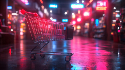 virtual shopping cart glows brightly in neon colors symbolizing modern e-commerce and the digital age, representing convenience, technology, and the future of online shopping