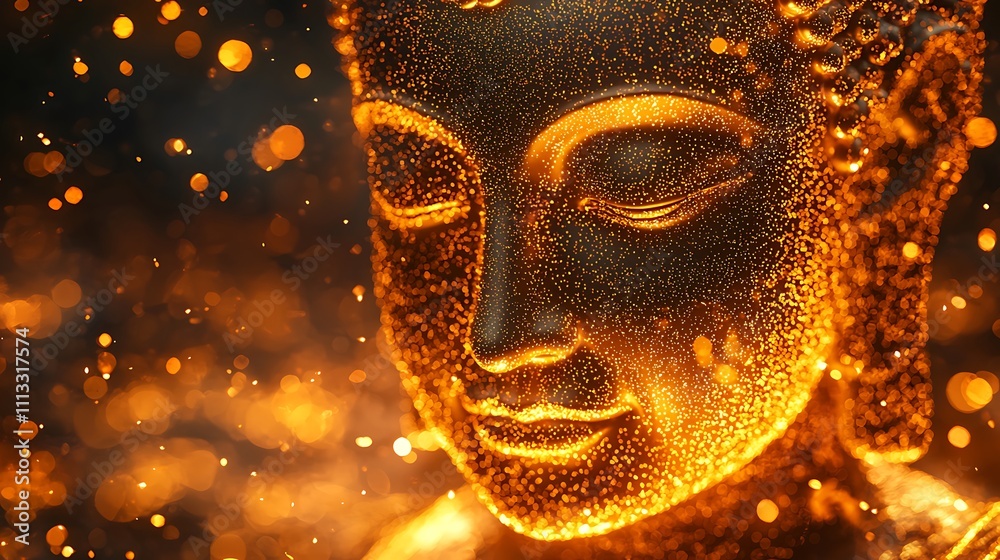 Wall mural buddha forward silhouette comprised of countless tiny golden dots shimmering with light