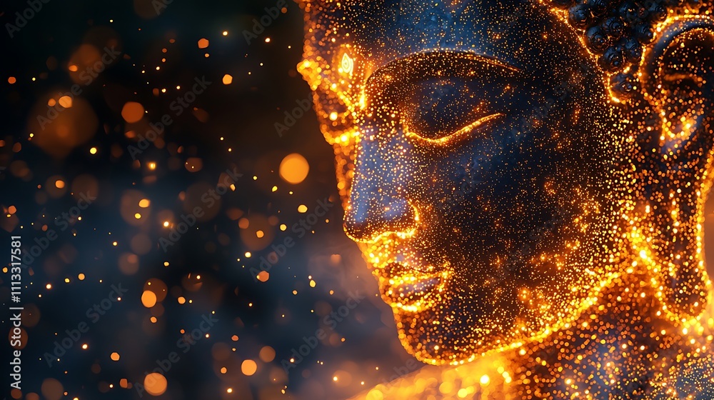 Wall mural buddha forward silhouette comprised of countless tiny golden dots shimmering with light