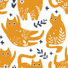 Fototapeta premium Seamless childish cartoon orange cats pattern on white background.