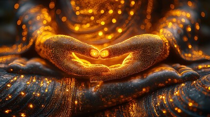 ethereal Buddha silhouette forward with intricate tiny dot details and golden shimmering glow 