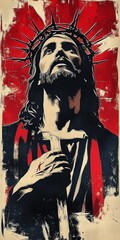 Obraz premium Digital Art of Jesus Christ with Crown of Thorns and Cross in Vintage Style