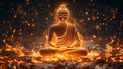 radiant forward silhouette of a Buddha, body formed from countless shimmering golden dots 