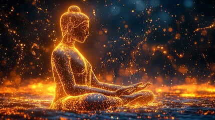 serene Buddha silhouette in forward posture made from glowing golden dots, ethereal shimmer 