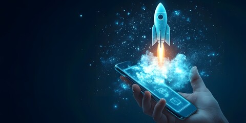 Futuristic Mobile App Launch Concept with Holographic Rocket Taking Off from Smartphone in Hand