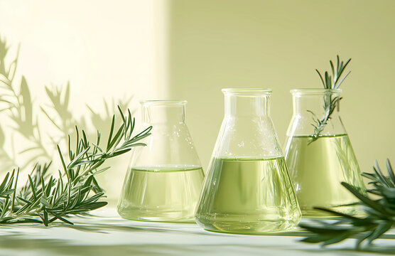 Three glass vials filled with green liquid, with a few leaves in the background