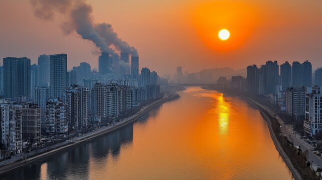Sunset Over Urban River with Emissions and Reflection