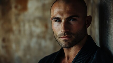 Fototapeta premium A man with a shaved head gazes intensely at the camera while leaning against a weathered wall. His expression reflects determination and strength in a dimly lit indoor setting.