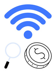 wireless signal above magnifying glass and dollar coin. Ideal for connectivity, online costs, research, tech services, expenses, digital analysis, smart living. Line metaphor