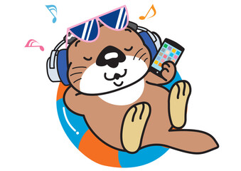 浮き輪にのって、スマホで音楽を聴くラッコ
