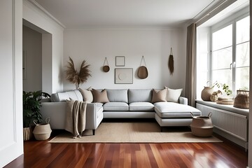 Light grey sectional sofa in a modern living room with natural decor.