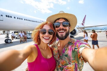 Happy couple taking selfie at airport tarmac with airplane in background - Traveling together on summer vacation