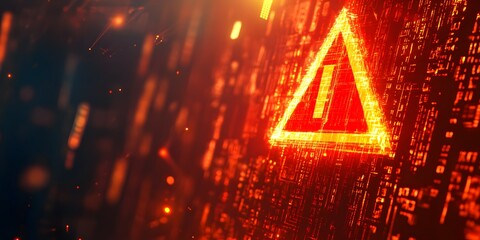 Digital Warning Sign with Exclamation Mark Amidst Glowing Orange Data Streams, Cybersecurity Threats