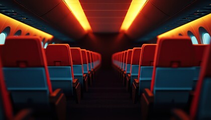 Fototapeta premium Red seats arranged in a modern airplane cabin with empty rows in the afternoon.