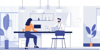 A remote working space staff member helping a client set up their workstation in a modern coworking space