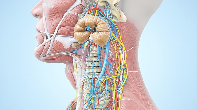 Realistic illustration of the thyroid gland in the human neck, showing its location relative to the trachea and esophagus Include labeled parathyroid glands