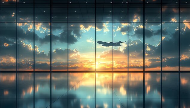 Airplane Taking Off at Sunset Viewed Through Large Airport Windows with Reflections on Glass Floor