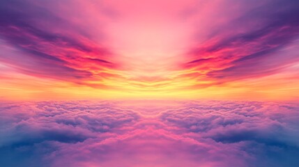 Fototapeta premium Dreamy sunset above a sea of clouds. Vivid pink, orange, and purple hues paint the sky.