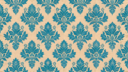 Fototapeta premium Blue Flower pattern on a light beige background. Damask Pattern.