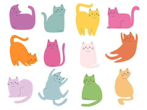Naklejki Funny colorful cats. Isolated simple flat cat in different poses. Children stickers vector clipart