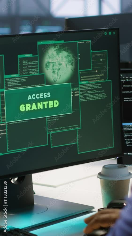 Poster vertical video satisfied server hub programmer pleased after installing cybersecurity framework, see