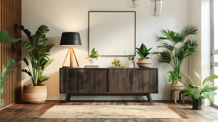 Industrial loft with a dark wood credenza, modern black lamp, rustic woven basket, vibrant plants, and trendy decor pieces. Blank canvases for poster mockups