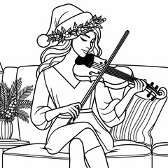 Blank coloring book illustration, a woman wearing a Christmas hat playing the violin.