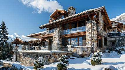 Luxurious mountain lodge exterior on a bright day with stone walls, rustic wooden beams, and large panoramic windows
