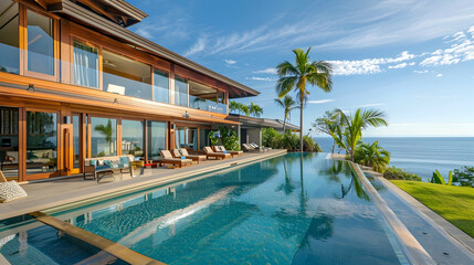 Fototapeta premium Luxury beachfront villa with large glass windows, wooden accents, and an infinity pool overlooking the ocean