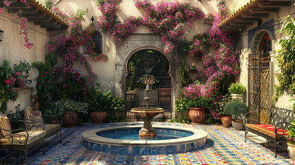 Obraz premium Mediterranean courtyard with wrought iron furniture, a tiled fountain, and colorful bougainvillea vines