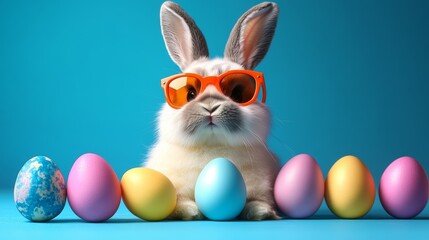 Cute Fluffy Bunny with Sunglasses Surrounded by Colorful Easter Eggs
