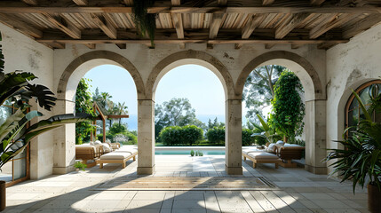 Mediterranean villa interior with rustic wooden beams, arched doorways opening to a courtyard pool, and lush greenery under a clear blue sky