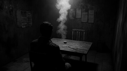 A man sits alone in a dark room, smoke billowing in front of him, creating a mysterious and suspenseful atmosphere.