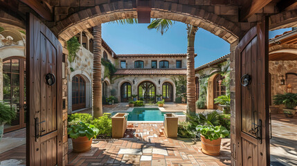 Mediterranean villa interior with rustic wooden beams, arched doorways opening to a courtyard pool, and lush greenery under a clear blue sky
