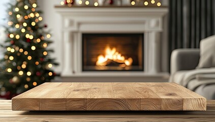 Empty wooden table top with a blurred background of a cozy home interior decorated for Christmas and New Year, featuring a fireplace, a tree, lights, and a bokeh effect