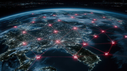 High-Resolution Aerial View of Europe at Night with Network Connections Illuminating Cities and Landmarks in a Global Technology Concept