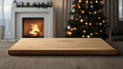 Empty wooden table top with a blurred background of a cozy home interior decorated for Christmas and New Year, featuring a fireplace, a tree, lights, and a bokeh effect