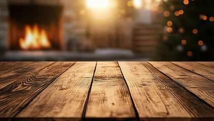 Empty wooden table top with a blurred background of a cozy home interior decorated for Christmas and New Year, featuring a fireplace, a tree, lights, and a bokeh effect