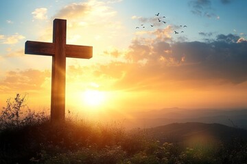 Wooden Cross Silhouette Against Beautiful Sunset Sky with Birds