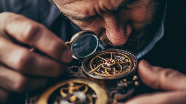 A watch repair expert focused on reassembling the intricate gears of a vintage timepiece under a magnifying glass