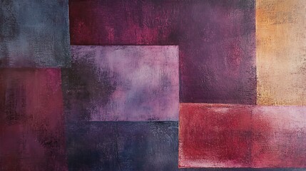 Abstract geometric painting with textured blocks of muted purple, burgundy, and orange hues.